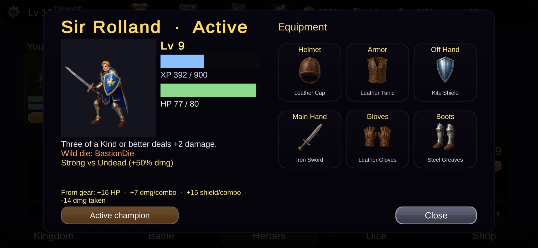 Hero details and equipment in Re-Roll Kingdom